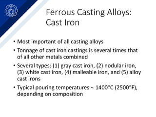 Ferrous Casting Alloys:
Cast Iron
• Most important of all casting alloys
• Tonnage of cast iron castings is several times that
of all other metals combined
• Several types: (1) gray cast iron, (2) nodular iron,
(3) white cast iron, (4) malleable iron, and (5) alloy
cast irons
• Typical pouring temperatures  1400C (2500F),
depending on composition
 