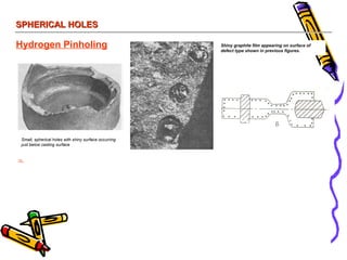 SPHERICAL HOLESSPHERICAL HOLES
Hydrogen Pinholing
Small, spherical holes with shiny surface occurring
just below casting surface
Shiny graphite film appearing on surface of
defect type shown in previous figures.
Form: small spherical holes on all faces of the casting adjacent to the mould – with shiny surfaces.
Causes:
•Contamination of iron with Al.
Form:
- Scrap
- Inoculates
•Too high moisture content in sand
•Too long runner system
 