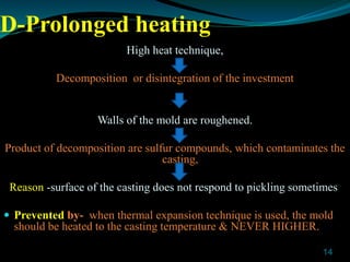 D-Prolonged heating
High heat technique,
Decomposition or disintegration of the investment
Walls of the mold are roughened...