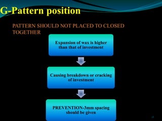 G-Pattern position
Expansion of wax is higher
than that of investment
Causing breakdown or cracking
of investment
PREVENTI...
