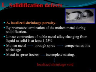 I. Solidification defects
 A. localized shrinkage porosity-
 By premature termination of the molten metal during
solidif...