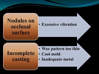 35
• Excessive vibration
Nodules on
occlusal
surface
• Wax pattern too thin
• Cool mold
• Inadequate metal
Incomplete
cast...