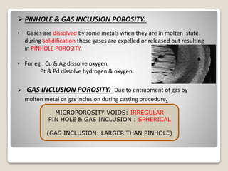 PINHOLE & GAS INCLUSION POROSITY:
• Gases are dissolved by some metals when they are in molten state,
during solidification these gases are expelled or released out resulting
in PINHOLE POROSITY.
• For eg : Cu & Ag dissolve oxygen.
Pt & Pd dissolve hydrogen & oxygen.
 GAS INCLUSION POROSITY: Due to entrapment of gas by
molten metal or gas inclusion during casting procedure.
MICROPOROSITY VOIDS: IRREGULAR
PIN HOLE & GAS INCLUSION : SPHERICAL
(GAS INCLUSION: LARGER THAN PINHOLE)
 