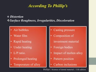 According To Phillip’s
 Distortion
Surface Roughness, Irregularities, Discoloration
• Air bubbles
• Water film
• Rapid heating
• Under heating
• L/P ratio.
• Prolonged heating
• Temperature of alloy
• Casting pressure
• Composition of
investment material
• Foreign bodies
• Impact of molten alloy
• Pattern position
• Carbon inclusions
Phillips’; Science of dental material ; 11th edition
 