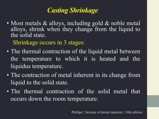 Casting Shrinkage
• Most metals & alloys, including gold & noble metal
alloys, shrink when they change from the liquid to
the solid state.
Shrinkage occurs in 3 stages:
• The thermal contraction of the liquid metal between
the temperature to which it is heated and the
liquidus temperature.
• The contraction of metal inherent in its change from
liquid to the solid state.
• The thermal contraction of the solid metal that
occurs down the room temperature.
Phillips’; Science of dental material ; 10th edition
 