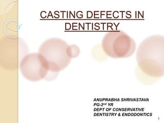 CASTING DEFECTS IN
DENTISTRY
1
ANUPRABHA SHRIVASTAVA
PG-2nd YR
DEPT OF CONSERVATIVE
DENTISTRY & ENDODONTICS
 