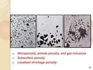42
a) Microporosity, pinhole porosity, and gas inclusions
b) Subsurface porosity
c) Localized shrinkage porosity
 