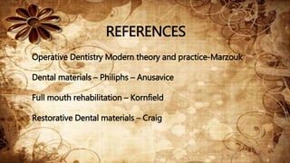 REFERENCES
Operative Dentistry Modern theory and practice-Marzouk
Dental materials – Philiphs – Anusavice
Full mouth rehabilitation – Kornfield
Restorative Dental materials – Craig
 