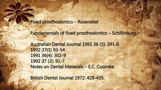 Fixed prosthodontics – Rosenstiel
Fundamentals of fixed prosthodontics – Schillinburg.
Australian Dental Journal 1991 36 (5): 391-6
1992 37(1) 93-54
1991 36(4): 302-9
1992 37 (2): 91-7
Notes on Dental Materials – E.C. Coombe
British Dental Journal 1972: 428-435.
 