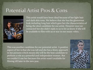 This artist would have been ideal because of her light hair
and dark skin tone. We believe that she has the glamorous
look including long hair which gave her the characteristics of
being the ideal candidate for our artist. However once we
contacted her she didn’t reply to us to let us know if she will
be available to film with us or star in our music video.
This was another candidate for our potential artist. A positive
aspect of her is that she was tall and she has a feisty approach
in her pictures which means she will be the best candidate to
perform a role as a powerful and independent woman. But
we couldn't’t use her because this artist wasn’t available for
filming till later in the new year.
 
