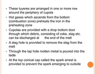 • These tuyeres are arranged in one or more row 
around the periphery of cupola 
• Hot gases which ascends from the bottom 
(combustion zone) preheats the iron in the 
preheating zone 
• Cupolas are provided with a drop bottom door 
through which debris, consisting of coke, slag etc. 
can be discharged at the end of the melt 
• A slag hole is provided to remove the slag from the 
melt 
• Through the tap hole molten metal is poured into the 
ladle 
• At the top conical cap called the spark arrest is 
provided to prevent the spark emerging to outside 
