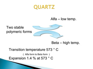 Two stable
polymeric forms
Alfa – low temp.
Beta – high temp.
Transition temperature 573 ° C
( Alfa form to Beta form )
Expansion 1.4 % at 573 ° C
 