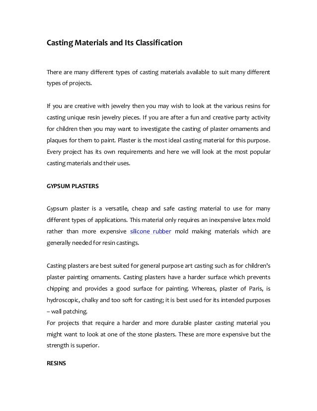 Casting materials and its classification