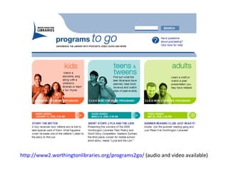 http://www2.worthingtonlibraries.org/programs2go/  (audio and video available) 