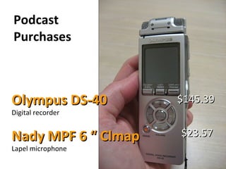 Podcast  Purchases Olympus DS-40 Digital recorder Nady MPF 6 “ Clmap Lapel microphone $145.39 $23.57 