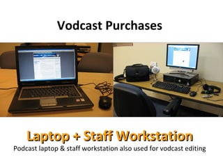 Vodcast Purchases Laptop + Staff Workstation Podcast laptop & staff workstation also used for vodcast editing 
