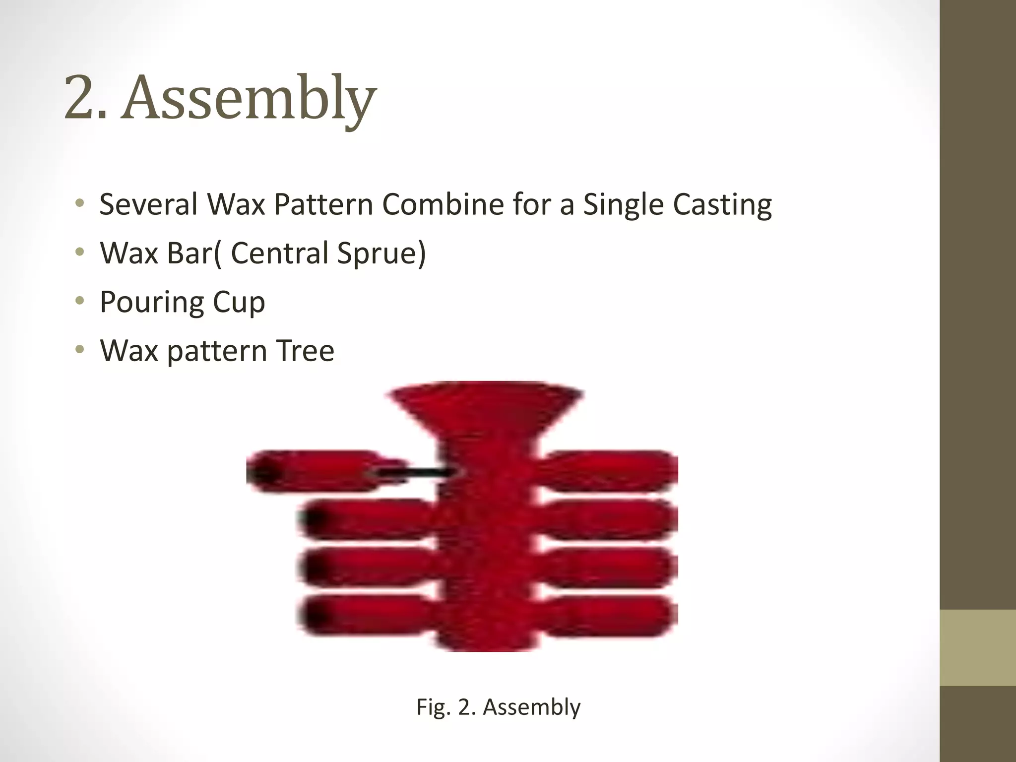 2. Assembly 
• Several Wax Pattern Combine for a Single Casting 
• Wax Bar( Central Sprue) 
• Pouring Cup 
• Wax pattern Tree 
Fig. 2. Assembly 
 