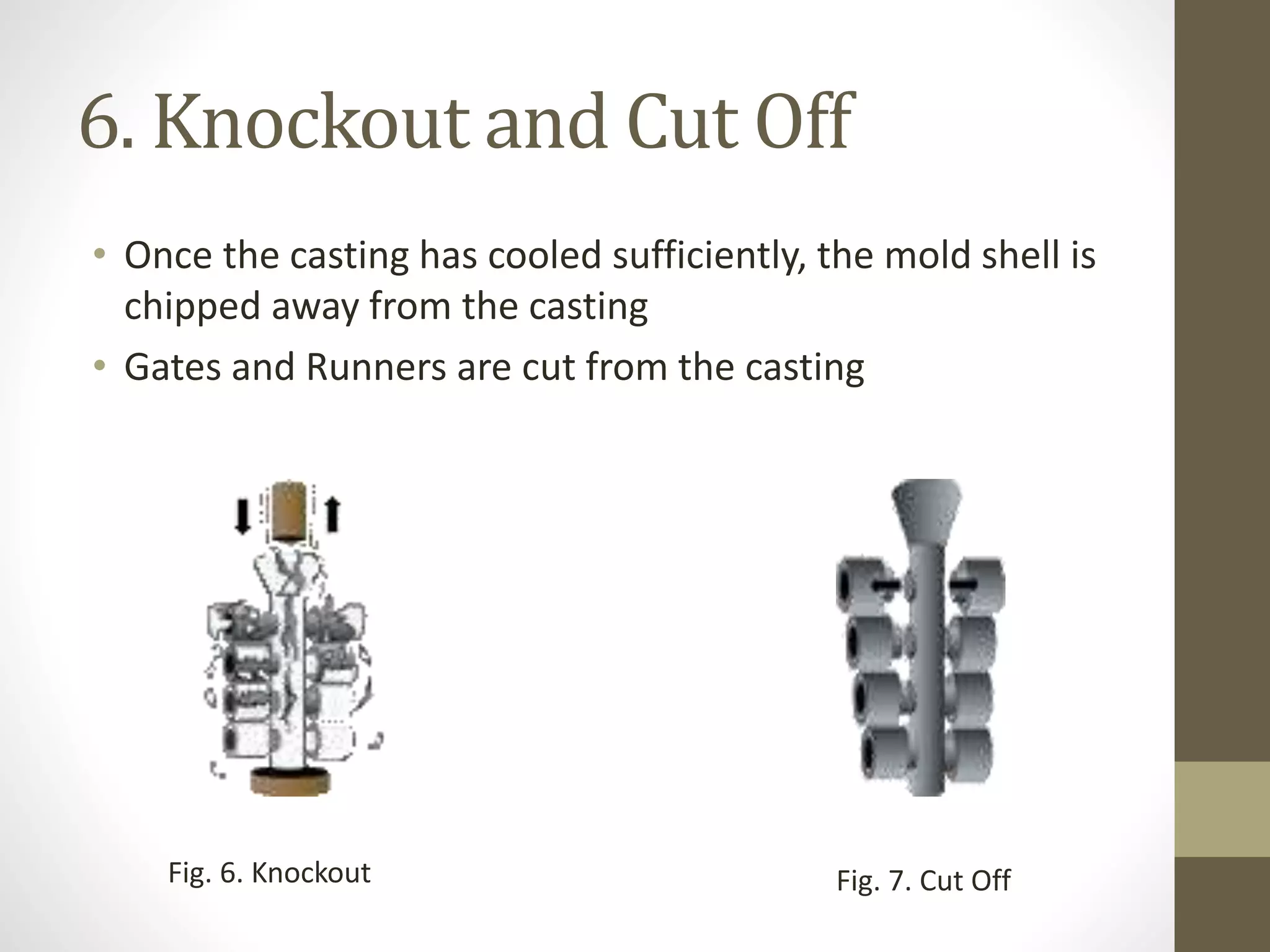 6. Knockout and Cut Off 
• Once the casting has cooled sufficiently, the mold shell is 
chipped away from the casting 
• Gates and Runners are cut from the casting 
Fig. 6. Knockout Fig. 7. Cut Off 
 