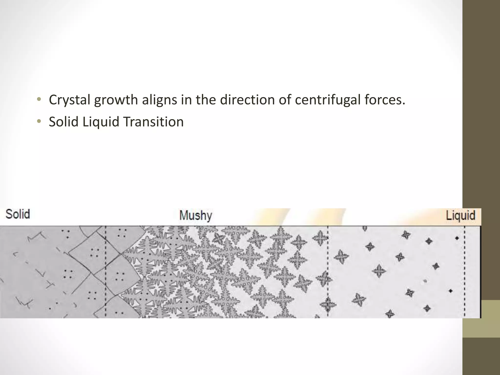 • Crystal growth aligns in the direction of centrifugal forces. 
• Solid Liquid Transition 
 