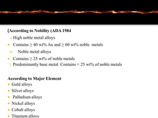 (According to Nobility (ADA 1984
A.High noble metal alloys
 Contains ≥ 40 wt% Au and ≥ 60 wt% noble metals
B. Noble metal alloys
 Contains ≥ 25 wt% of noble metals
C.Predominantly base metal Contains < 25 wt% of noble metals
According to Major Element
 Gold alloys
 Silver alloys
 Palladium alloys
 Nickel alloys
 Cobalt alloys
 Titanium alloys
 