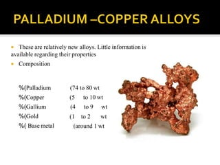  These are relatively new alloys. Little information is
available regarding their properties
 Composition
%(Palladium
%(Copper
%(Gallium
%(Gold
%( Base metal
(74 to 80 wt
(5 to 10 wt
(4 to 9 wt
(1 to 2 wt
(around 1 wt
 