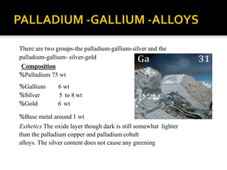 There are two groups-the palladium-gallium-silver and the
palladium-gallium- silver-gold
Composition
%Palladium 75 wt
%Gallium
%Silver
%Gold
6 wt
5 to 8 wt
6 wt
%Base metal around 1 wt
Esthetics The oxide layer though dark is still somewhat lighter
than the palladium copper and palladium cobalt
alloys. The silver content does not cause any greening
 