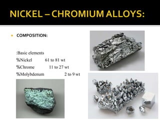  COMPOSITION:
:Basic elements
%Nickel 61 to 81 wt
%Chrome 11 to 27 wt
%Molybdenum 2 to 9 wt
 