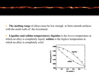  The melting range of alloys must be low enough to form smooth surfaces
with the mold walls of the investment
 Liquidus and solidus temperatures: liquidus is the lowest temperature at
which an alloy is completely liquid; solidus is the highest temperature at
which an alloy is completely solid.
 