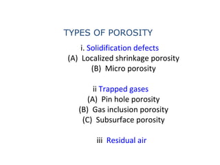 i. Solidification defects
(A) Localized shrinkage porosity
(B) Micro porosity
ii Trapped gases
(A) Pin hole porosity
(B) Gas inclusion porosity
(C) Subsurface porosity
iii Residual air
TYPES OF POROSITY
 