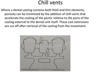 Chill vents
Where a dental casting contains both thick and thin elements,
porosity can be minimized by the addition of chill vents that
accelerate the cooling of the pontic relative to the parts of the
casting external to the dental unit itself. These cast extensions
are cut off after retrieval of the casting from the investment.
 