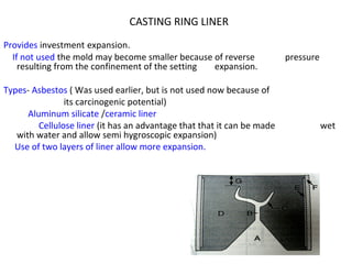 CASTING RING LINER
Provides investment expansion.
If not used the mold may become smaller because of reverse pressure
resulting from the confinement of the setting expansion.
Types- Asbestos ( Was used earlier, but is not used now because of
its carcinogenic potential)
Aluminum silicate /ceramic liner
Cellulose liner (it has an advantage that that it can be made wet
with water and allow semi hygroscopic expansion)
Use of two layers of liner allow more expansion.
 