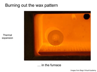 Burning out the wax pattern
… in the furnace
Thermal
expansion
Images from Bego Virtual Academy
 