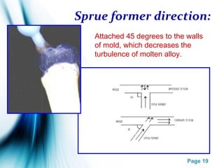 Page 19
Sprue former direction:
Attached 45 degrees to the walls
of mold, which decreases the
turbulence of molten alloy.
 