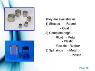 Page 26
They are available as:
1) Shapes - Round
- Oval
2) Complete rings –
Rigid - Metal
- Plastic
Flexible - Rubber
3) Split rings - Metal
- Plastic
 