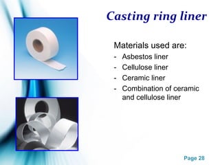 Page 28
Casting ring liner
Materials used are:
- Asbestos liner
- Cellulose liner
- Ceramic liner
- Combination of ceramic
and cellulose liner
 