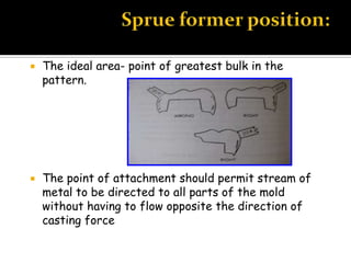  The ideal area- point of greatest bulk in the
pattern.
 The point of attachment should permit stream of
metal to be directed to all parts of the mold
without having to flow opposite the direction of
casting force
 