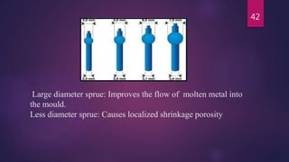 Large diameter sprue: Improves the flow of molten metal into
the mould.
Less diameter sprue: Causes localized shrinkage porosity
42
 