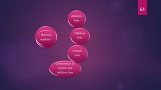 Materials
used are: -
Asbestos
liner
Cellulose
liner
Ceramic
liner
Combination of
ceramic and
cellulose liner
64
 