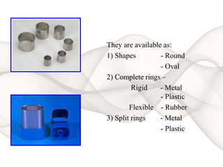 They are available as:
1) Shapes - Round
- Oval
2) Complete rings –
Rigid - Metal
- Plastic
Flexible - Rubber
3) Split rings - Metal
- Plastic
 