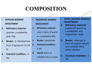COMPOSITION
• GYPSUM BONDED
INVESTMENT
1. Refractory material:-
quartzor crystoballite
65%-75%.
2. Binder:- ἀ -hemihydrate
form of gympsum 25-35
%
3. Chemical modifiers:- 2-
3%
• PHOSPHATE BONDED
INVESTMENT
1. Refractory material:-
silica in form of quartz
or crystoballite 80%
2. Binder:- phosphate
3. Chemical modifiers:-
2-3%
4. Liquid: water or
colloidal silica in water.
• ETHYL SILICATE BONDED
INVESTMENT
1. Refractory material:-
powdered quartz or
crystoballite and
magnesium oxide
2. Binder:- silica gel in
form of sodium silicate
and colloidal silica
(ethyl silicate)
1. Chemical modifiers:- 2-
3%
 