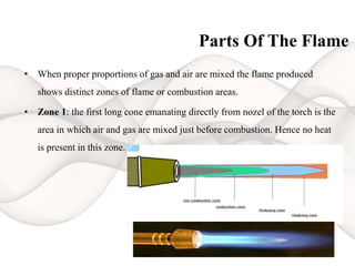 Parts Of The Flame
• When proper proportions of gas and air are mixed the flame produced
shows distinct zones of flame or combustion areas.
• Zone 1: the first long cone emanating directly from nozel of the torch is the
area in which air and gas are mixed just before combustion. Hence no heat
is present in this zone.
 