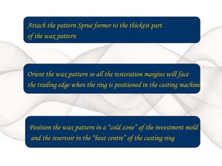 Attach the pattern Sprue former to the thickest part
of the wax pattern
Orient the wax pattern so all the restoration margins will face
the trailing edge when the ring is positioned in the casting machine
Position the wax pattern in a “cold zone” of the investment mold
and the reservoir in the “heat centre” of the casting ring
 