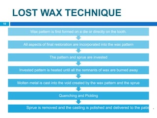 LOST WAX TECHNIQUE
10
Quenching and Pickling
Molten metal is cast into the void created by the wax pattern and the sprue
Invested pattern is heated until all the remnants of wax are burned away
The pattern and sprue are invested
All aspects of final restoration are incorporated into the wax pattern
Wax pattern is first formed on a die or directly on the tooth.
Sprue is removed and the casting is polished and delivered to the patient.
 