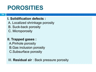 POROSITIES
I. Solidification defects :
A. Localized shrinkage porosity
B. Suck-back porosity
C. Microporosity
II. Trapped gases :
A.Pinhole porosity
B.Gas inclusion porosity
C.Subsurface porosity
III. Residual air : Back pressure porosity
104
 
