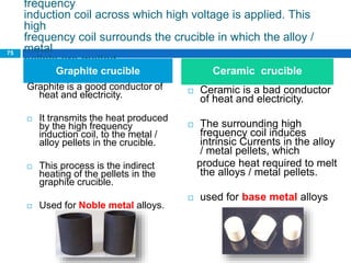 frequency
induction coil across which high voltage is applied. This
high
frequency coil surrounds the crucible in which the alloy /
metal
pellets are melted.
Graphite is a good conductor of
heat and electricity.
 It transmits the heat produced
by the high frequency
induction coil, to the metal /
alloy pellets in the crucible.
 This process is the indirect
heating of the pellets in the
graphite crucible.
 Used for Noble metal alloys.
 Ceramic is a bad conductor
of heat and electricity.
 The surrounding high
frequency coil induces
intrinsic Currents in the alloy
/ metal pellets, which
produce heat required to melt
the alloys / metal pellets.
 used for base metal alloys
Graphite crucible Ceramic crucible
75
 