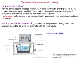 R.Ganesh Narayanan, IITG
Low pressure casting:
• In the earlier casting process, metal flow in mold cavity is by gravity pull, but in low
pressure casting, liquid metal is forced into the cavity under low pressure, app. 0.1
MPa, from beneath the surface so that metal flow is upward.
• advantage: molten metal is not exposed to air; gas porosity and oxidation defects are
minimized
Vacuum permanent mold casting: variation of low pressure casting, but in this
vacuum is used to draw the molten metal into the mold cavity.
Variations of permanent mold casting
Low pressure casting
M.P. Groover, Fundamental of modern
manufacturing Materials, Processes and
systems, 4ed
 