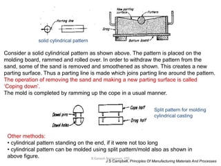 R.Ganesh Narayanan, IITG
J S Campbell, Principles Of Manufacturing Materials And Processes
Consider a solid cylindrical pattern as shown above. The pattern is placed on the
molding board, rammed and rolled over. In order to withdraw the pattern from the
sand, some of the sand is removed and smoothened as shown. This creates a new
parting surface. Thus a parting line is made which joins parting line around the pattern.
The operation of removing the sand and making a new parting surface is called
‘Coping down’.
The mold is completed by ramming up the cope in a usual manner.
Other methods:
• cylindrical pattern standing on the end, if it were not too long
• cylindrical pattern can be molded using split pattern/mold also as shown in
above figure.
solid cylindrical pattern
Split pattern for molding
cylindrical casting
 