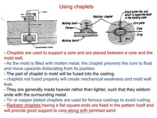 R.Ganesh Narayanan, IITG
Using chaplets
- Chaplets are used to support a core and are placed between a core and the
mold wall.
- As the mold is filled with molten metal, the chaplet prevents the core to float
and move upwards dislocating from its position.
- The part of chaplet in mold will be fused into the casting.
- chaplets not fused properly will create mechanical weakness and mold wall
leak.
- They are generally made heavier rather than lighter, such that they seldom
unite with the surrounding metal.
- Tin or copper plated chaplets are used for ferrous castings to avoid rusting.
- Radiator chaplets having a flat square ends are fixed in the pattern itself and
will provide good support to core along with rammed sand.
 