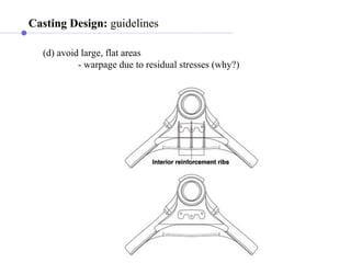 Casting Design: guidelines
(d) avoid large, flat areas
- warpage due to residual stresses (why?)
 