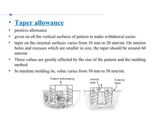 • Taper allowance
• positive allowance 
• given on all the vertical surfaces of pattern to make withdrawal easier. 
• taper on the external surfaces varies from 10 mm to 20 mm/mt. On interior 
holes and recesses which are smaller in size, the taper should be around 60 
mm/mt. 
• These values are greatly affected by the size of the pattern and the molding 
method
• In machine molding its, value varies from 10 mm to 50 mm/mt.
 